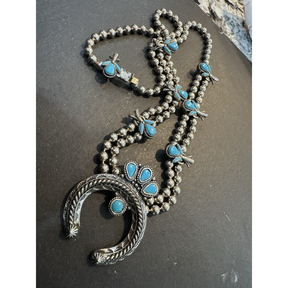 FLORENTA FAUX TURQUOISE SQUASH BLOSSOM NECKLACE 25” Long